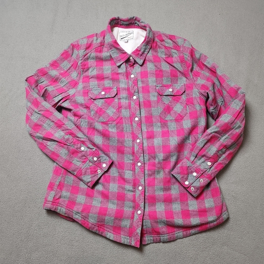 BC Clothing Pink And Grey Plaid Shacket size Large Pearl snaps